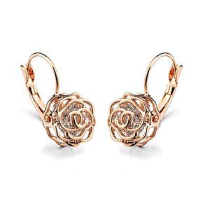 COPY - Rose Gold Plated Hollow Style Rose Flower Leverback Earrings with Clear …
